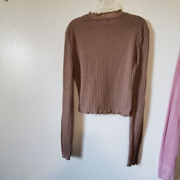 Long Sleeve Crop Top Womens XS/S Wild Fable Shein Pair 2 Pink Brown Waffle Knit - Picture 12 of 15